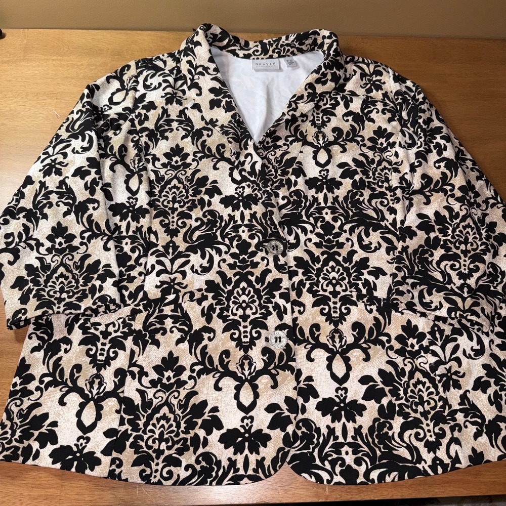Susan Graver Liquid Knit Blazer 2X Black Tan Damask Scroll A644501